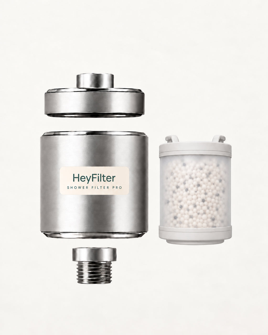 HeyFilter — wide metal housing and frosted granular refill