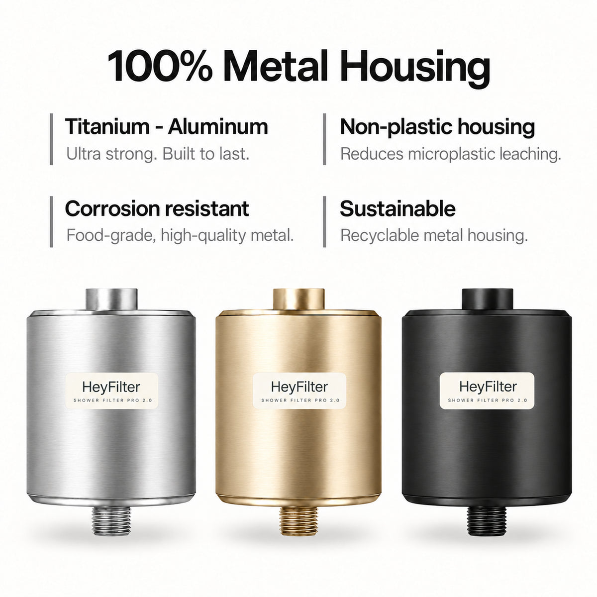 HeyFilter — pro20-metal-build — Chrome, Gold and Black side by side